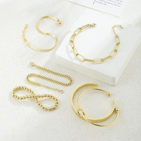 Trendy 14K Gold 6-Piece Stackable Bracelet Set Waterproof & Hypoallergenic - Picture 5 of 8
